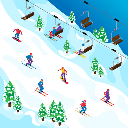 Isometric ski resort concept with sportsmen on the mountain vector illustrationのイラスト素材