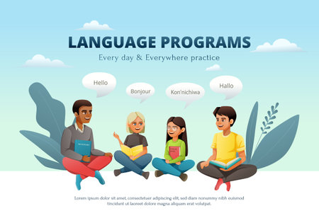 Global education student exchange cartoon background composition with editable text and doodle characters of talking people vector illustrationのイラスト素材