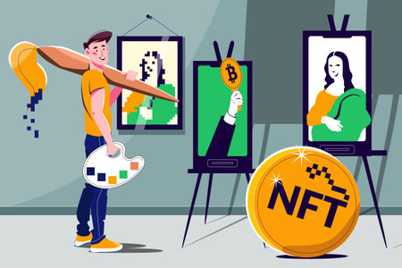 NFT token cryptocurrency flat composition artist standing next to his electronic paintings vector illustrationのイラスト素材