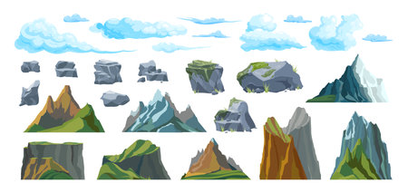 Flat set of isolated mountains clouds and stones of different size and shape vector illustrationのイラスト素材