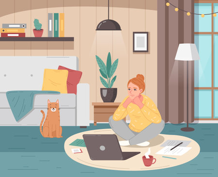 Depressed woman experiencing professional burnout sitting on floor with cup of coffee trying to work on laptop cartoon vector illustrationのイラスト素材