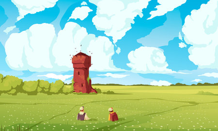 Field and sky background with summer nature symbols flat vector illustrationのイラスト素材