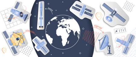 Satellites collage with telecommunication and data symbols flat vector illustrationのイラスト素材