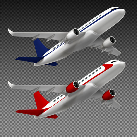 Flying airplane set of realistic images on transparent background with branded red and blue passenger jets vector illustrationのイラスト素材