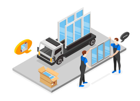 Plastic windows installation isometric composition with workers and transportation van vector illustrationのイラスト素材