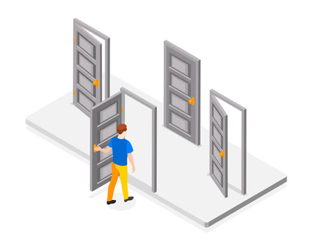 Decision making abstract isometric concept with man opening different doors vector illustrationのイラスト素材