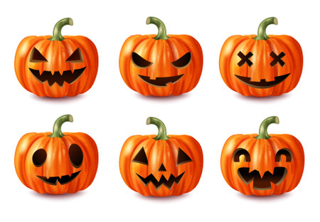 Realistic carved spooky Halloween pumpkin icons set isolated vector illustrationのイラスト素材