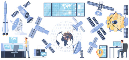 Satellites concept icons set with space exploration symbols flat isolated vector illustrationのイラスト素材