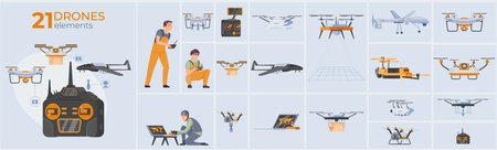 Drones composition set with unmanned aerial vehicles and monitoring symbols flat isolated vector illustrationのイラスト素材