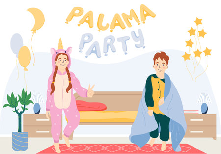 Pyjama party flat concept with happy kids in nightwear and blankets vector illustrationのイラスト素材