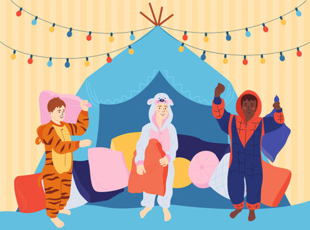 Pyjama party flat concept with kids in costumes of animals and superheroes vector illustrationのイラスト素材