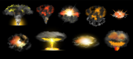 Nuclear bomb explosion effect with smoke and flame realistic set isolated on black background vector illustrationのイラスト素材