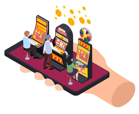 Casino isometric composition with slot machines coins and players on top of smartphone in human hand vector illustrationのイラスト素材