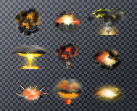 Realistic color bomb explosions of different shapes isolated on transparent background vector illustrationのイラスト素材