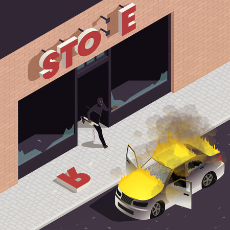 Street violence isometric concept with burning car and vandal taking out TV from shop with broken windows vector illustrationのイラスト素材