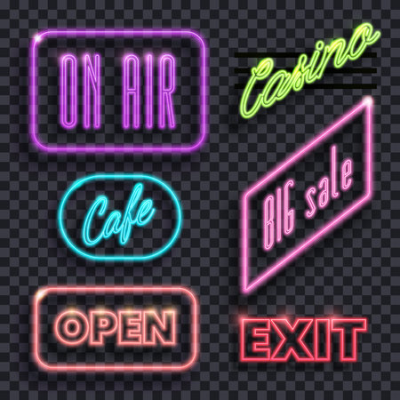 Retro light billboards realistic collection for cafe shop casino theatre cinema on transparent background vector illustrationのイラスト素材