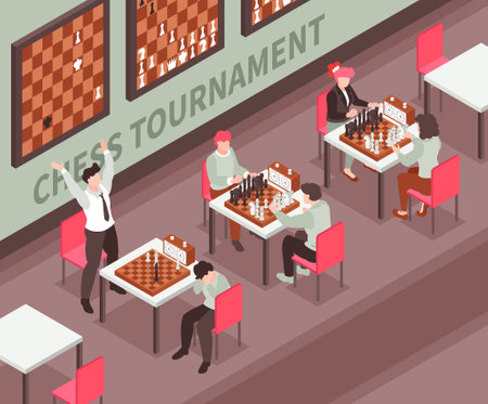 Isometric chess tournament with three couples of players winner and loser 3d vector illustrationのイラスト素材
