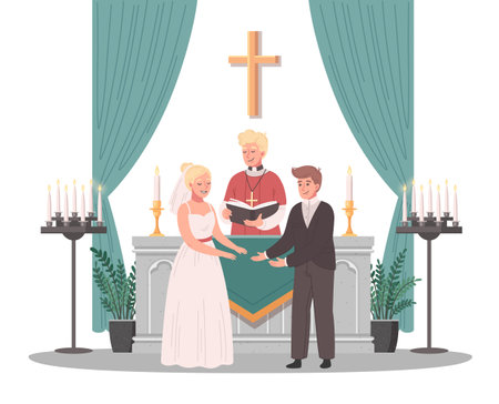 Christian church cartoon scene with priest conducting wedding ceremony vector illustrationのイラスト素材