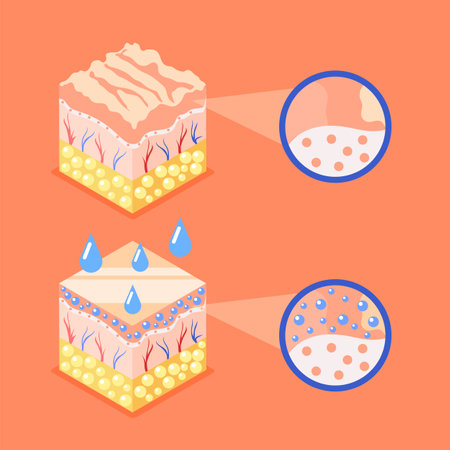 Hyaluronic acid isometric background with composition of profile view cubes representing skin structure layers round icons vector illustrationのイラスト素材