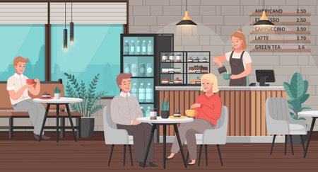 Restaurant interior cartoon scene with people sitting in cafe vector illustrationのイラスト素材
