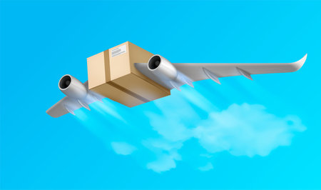 Flying box air delivery realistic composition with conceptual image of parcel package flying with aircraft wings vector illustrationのイラスト素材