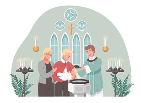 Christian church cartoon scene with priest baptising baby vector illustrationのイラスト素材