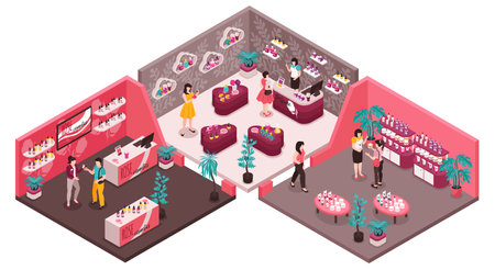Isometric cosmetics store interior with female shop assistants helping customers choose products 3d vector illustrationのイラスト素材