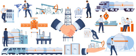 Gas economy flat set of sea and earth cargo vehicles and elements of terminal for liquefied natural gas isolated vector illustrationのイラスト素材
