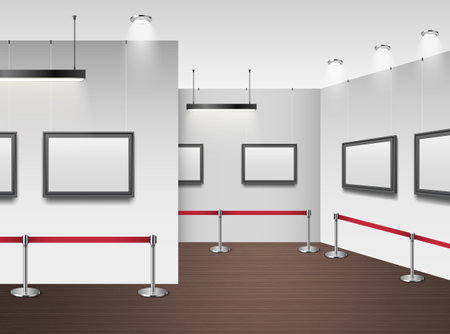 Picture gallery or modern art museum interior mockup realistic vector illustrationのイラスト素材