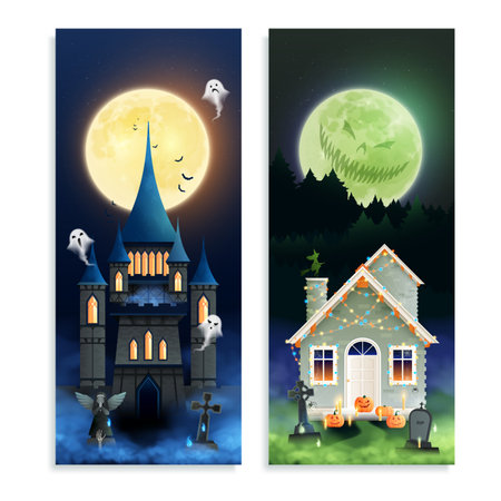 Halloween cartoon vertical banners with ghosts in old magic castle and   fest house decorated by colorful lamps cartoon vector illustrationのイラスト素材