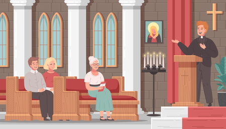 Christian church cartoon scene with mass service and priest talking vector illustrationのイラスト素材