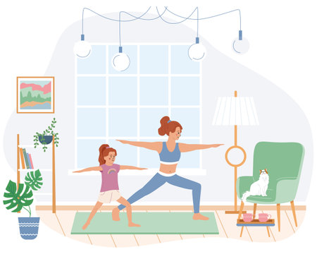 Family morning routine flat composition with mom and daughter doing fitness indoors vector illustrationのイラスト素材