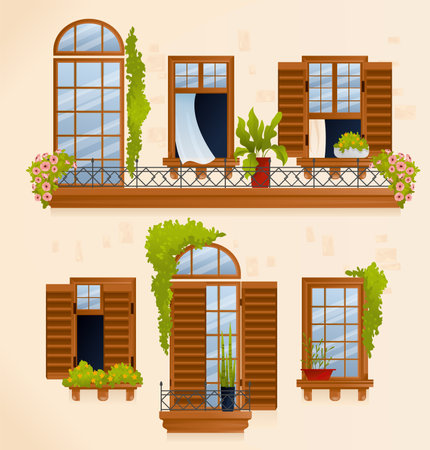Vintage house balcony composition two floors with beautifully carved windows with flower beds and a large balcony on the second floor vector illustrationのイラスト素材