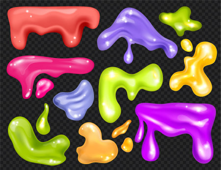 Realistic glitter slime large and small liquid drops of different colors on transparent background icon set vector illustrationのイラスト素材
