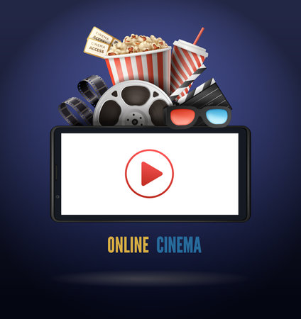 Online cinema realistic poster with play button on screen popcorn 3d glasses on dark blue background vector illustrationのイラスト素材