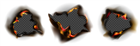 Realistic burnt paper holes icon set three holes with smoldering sides and transparent background inside vector illustrationのイラスト素材