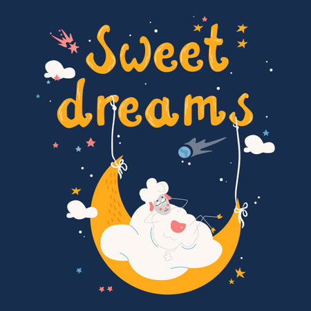 Cartoon moon flat cartoon postcard with sleepy sheep vector illustrationのイラスト素材