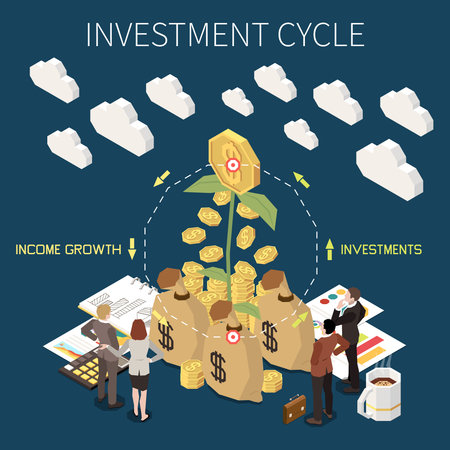 Crowdfunding and fundraising isometric concept with money investment cycle vector illustrationのイラスト素材