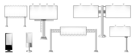 Realistic set of metal poles with blank advertising billboards isolated vector illustrationのイラスト素材