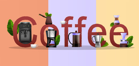 Flat style typography poster with automatic and manual coffee equipment on three color background vector illustrationのイラスト素材