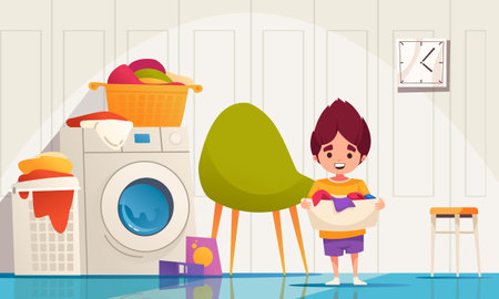 Children housekeeping cartoon with boy holding washed clothes vector illustrationのイラスト素材