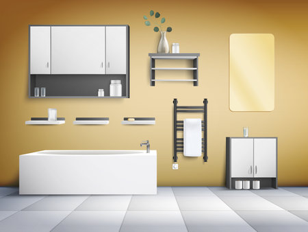 Realistic modern bathroom interior in minimalist style with bath cabinets mirror electric heated towel rails on yellow wall background vector illustrationのイラスト素材