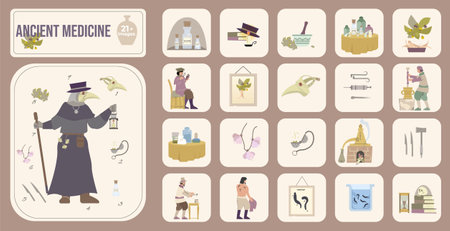 Ancient medicine set with isolated square compositions of flat icons with medical supplies books and garments vector illustrationのイラスト素材