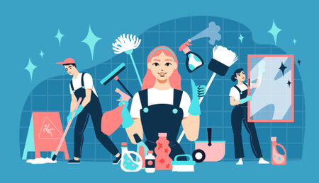 Cleaning service flat composition with detergent tools and professional workers performing various housekeeping duties vector illustrationのイラスト素材