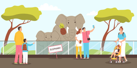 People watching and taking photo of elephants in zoo flat vector illustrationのイラスト素材