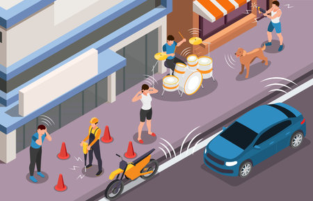 Noise pollution isometric background illustrated loud urban environment with workers repairing road and street musicians vector illustrationのイラスト素材