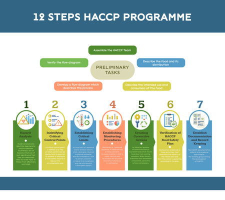 HACCP food safety infographics with round icons for numbered categories with color coded sections with text vector illustrationのイラスト素材