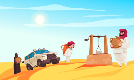 Desert cartoon concept with people in traditional clothes and modern vehicle in sands vector illustrationのイラスト素材