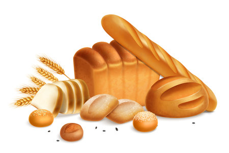 Realistic bread composition with fresh loaves buns toasts ears of wheat vector illustrationのイラスト素材