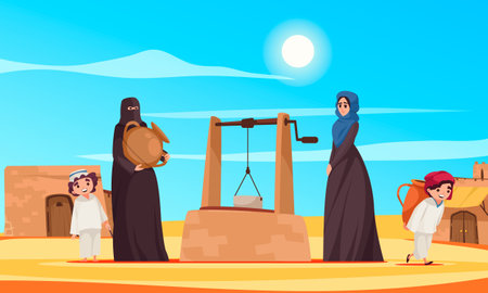 Desert scene cartoon poster with women in traditional clothes near the well vector illustrationのイラスト素材